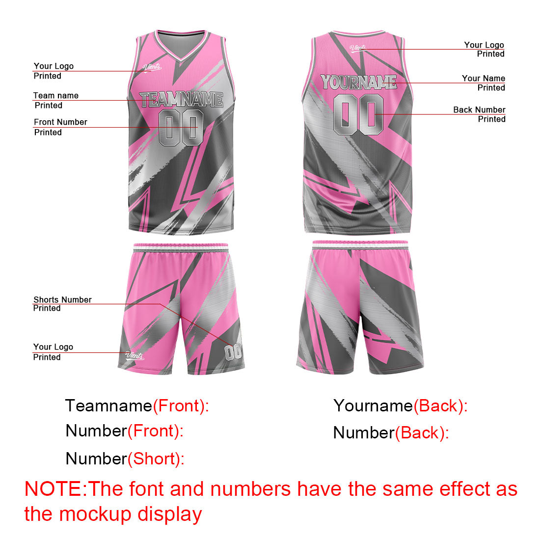 Custom Pink Grey Basketball Jersey Uniform Suit Printed Your Logo Name Number