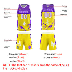 Custom Yellow Purple Basketball Jersey Uniform Suit Printed Your Logo Name Number