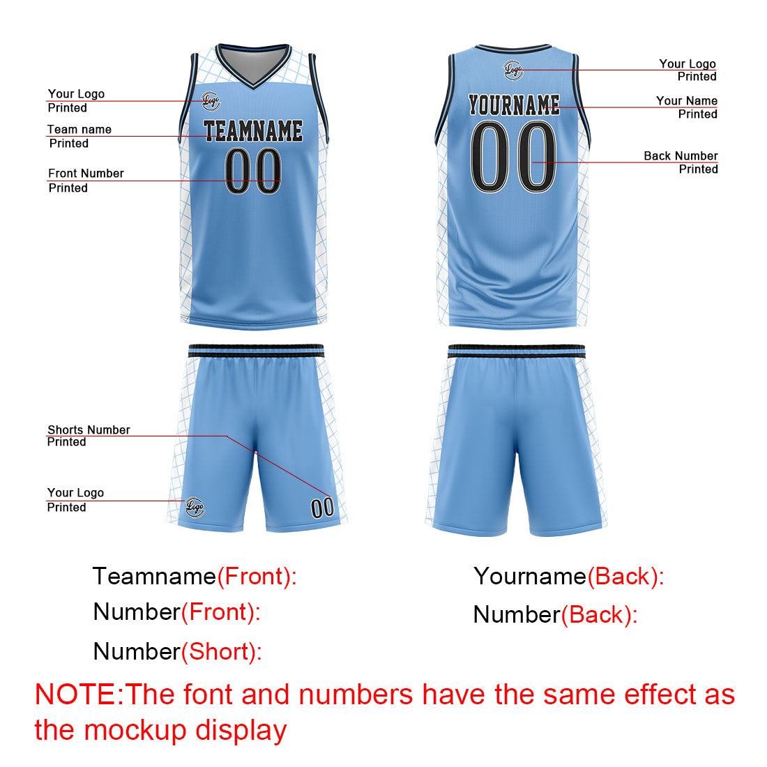 Custom Light Blue Black Basketball Jersey Uniform Suit Printed Your Logo Name Number