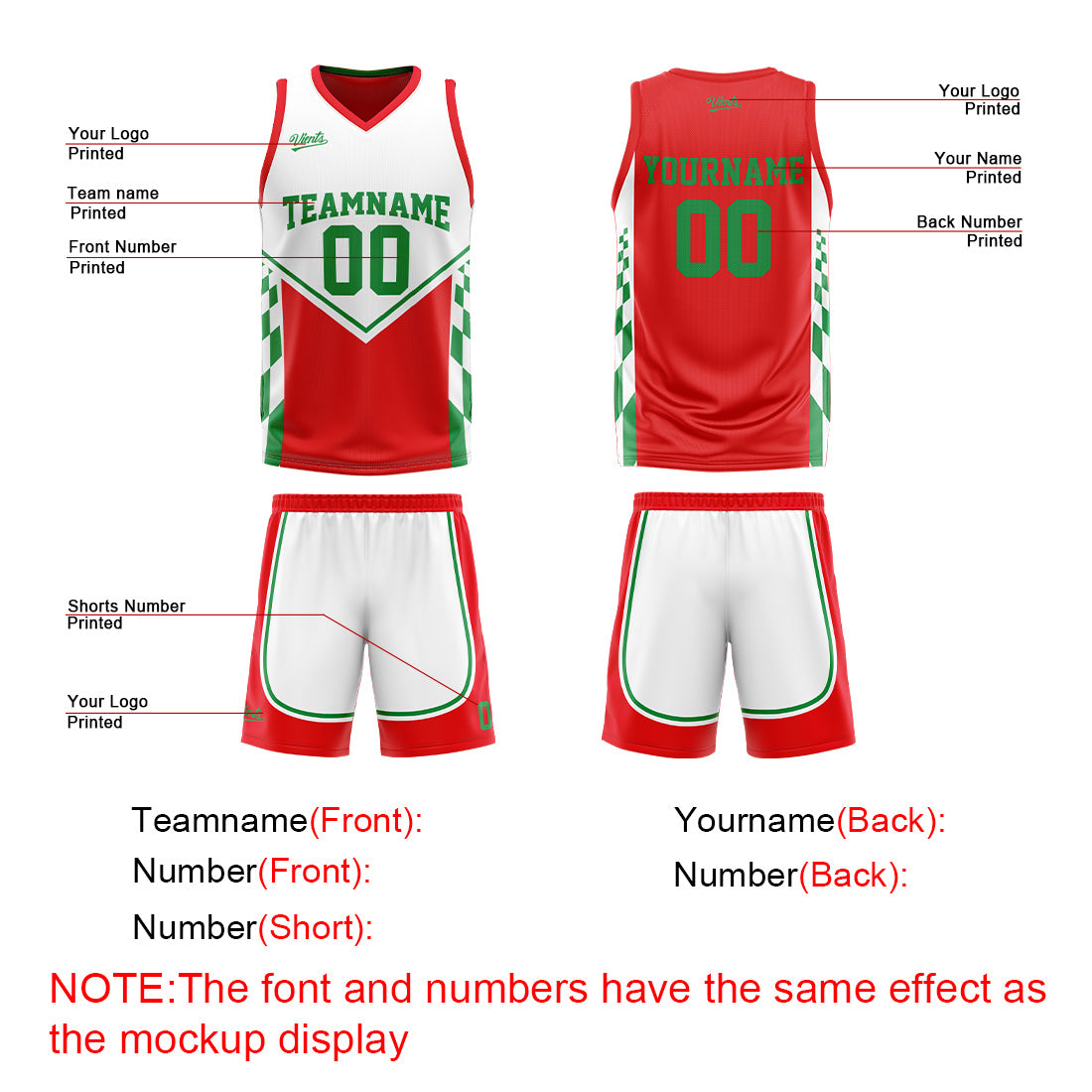 Custom Red Green Reversible Basketball Suit for Adults and Kids Personalized Jersey