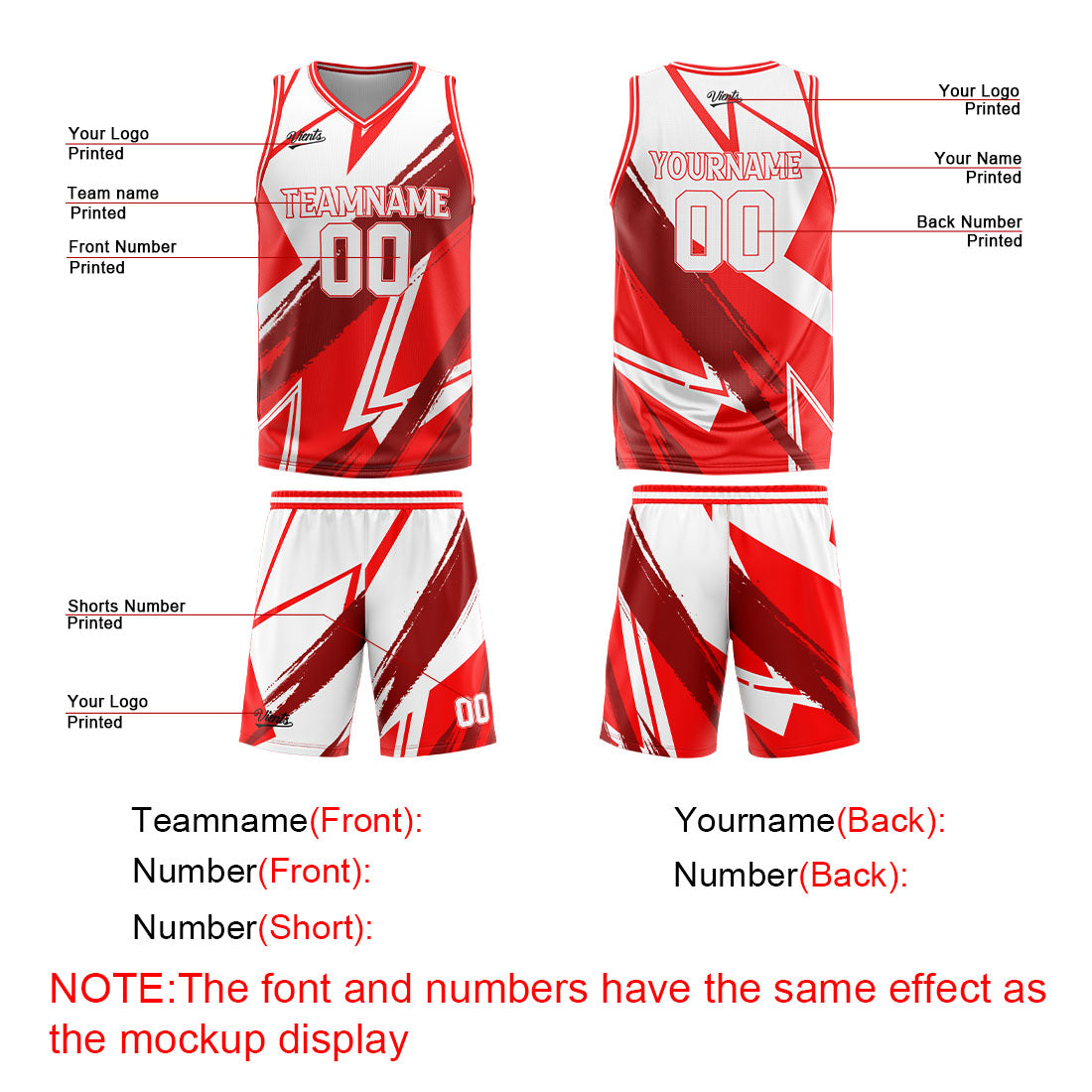 Custom Red White Basketball Jersey Uniform Suit Printed Your Logo Name Number